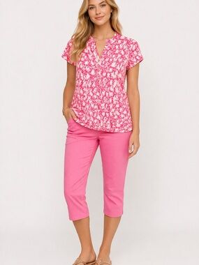 Elementz Pink Floral-Print Short-Sleeve Button-Down Top